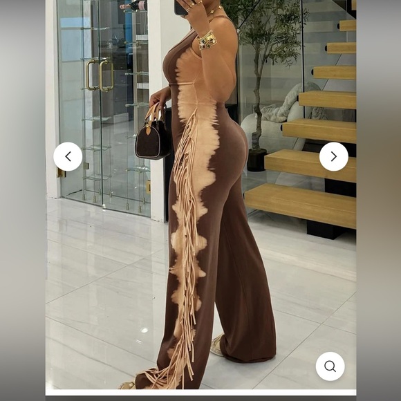 U Neck Cutout Wide Leg Side Fringed Sleeveless Jumpsuit-Brown/Tan - Picture 3 of 15